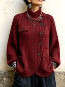 Vintage-Inspired Asymmetric Button Cable Knit Cardigan