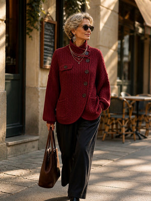 Vintage-Inspired Asymmetric Button Cable Knit Cardigan
