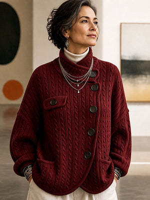 Vintage-Inspired Asymmetric Button Cable Knit Cardigan