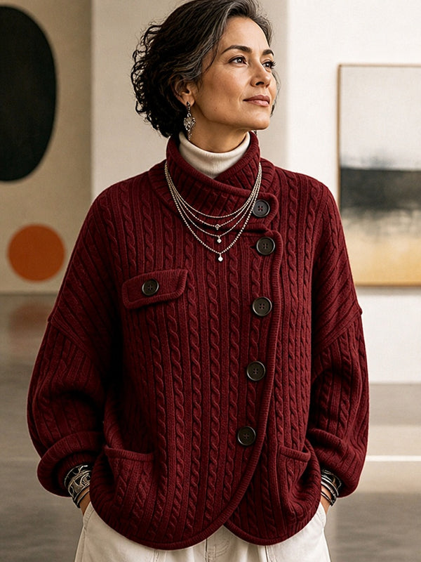 Vintage-Inspired Asymmetric Button Cable Knit Cardigan