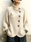 Vintage-Inspired Asymmetric Button Cable Knit Cardigan