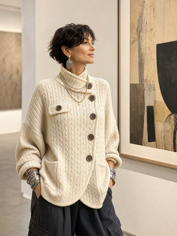 Vintage-Inspired Asymmetric Button Cable Knit Cardigan