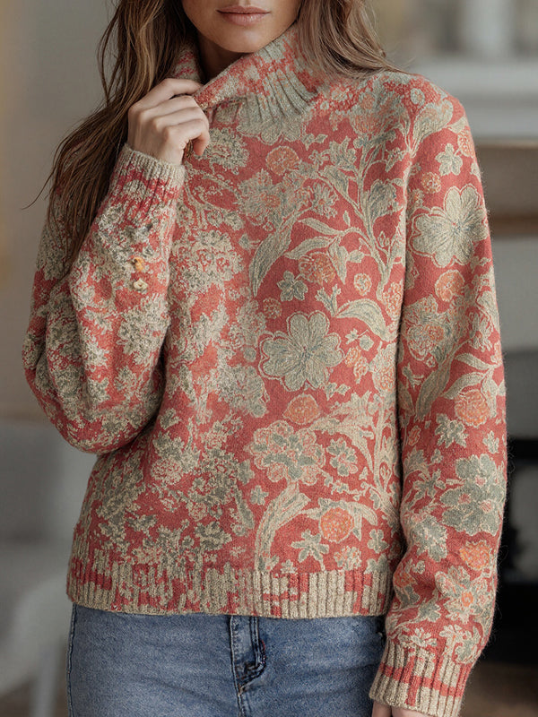 Vintage-Inspired Floral Print High-Neck Top