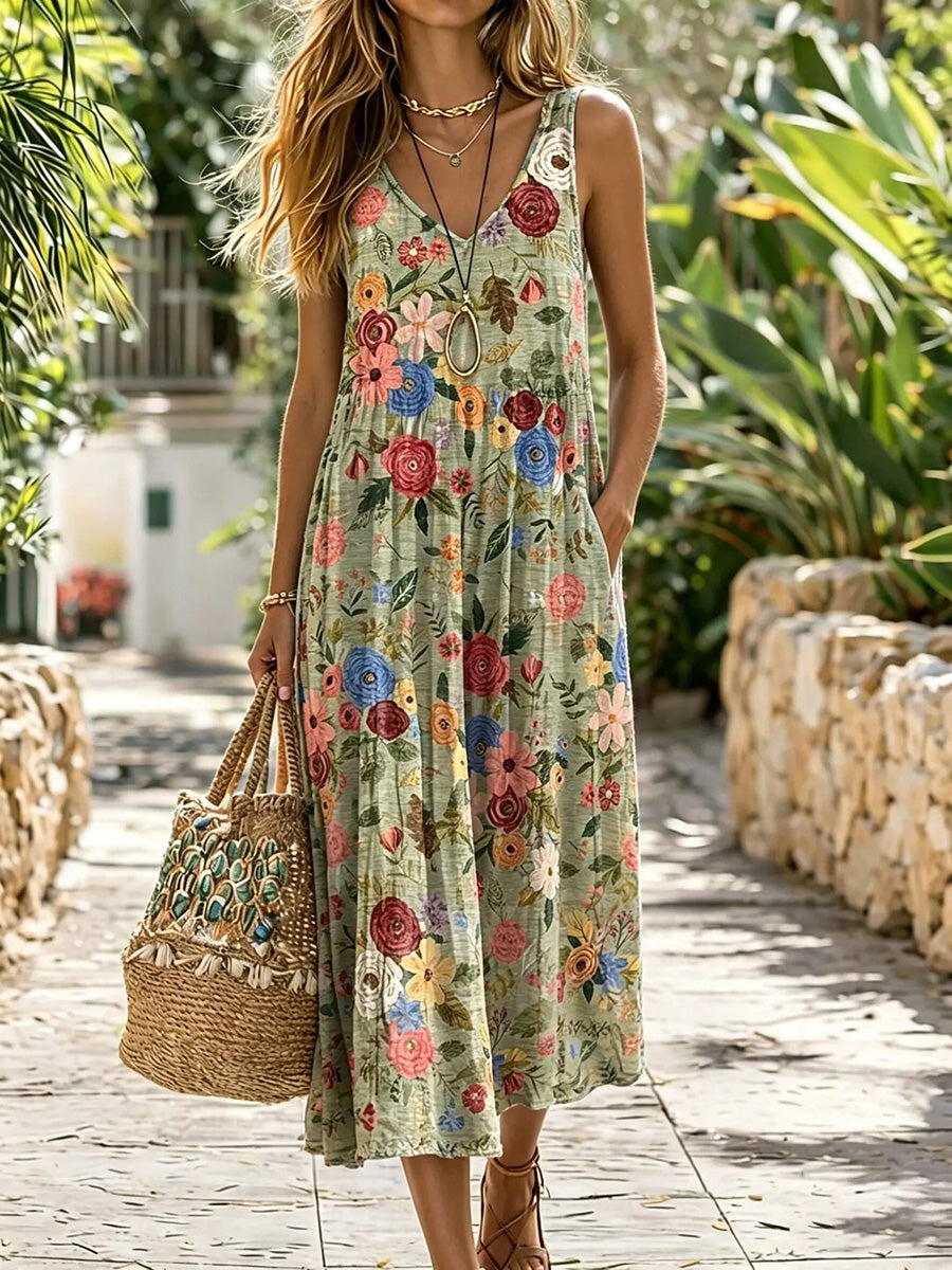 Vintage Colorful Bouquet Floral Printed Pocket Midi Dress