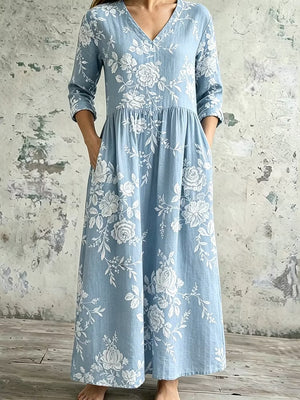 Vintage Floral Art Casual Linen Maxi Dress
