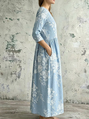 Vintage Floral Art Casual Linen Maxi Dress