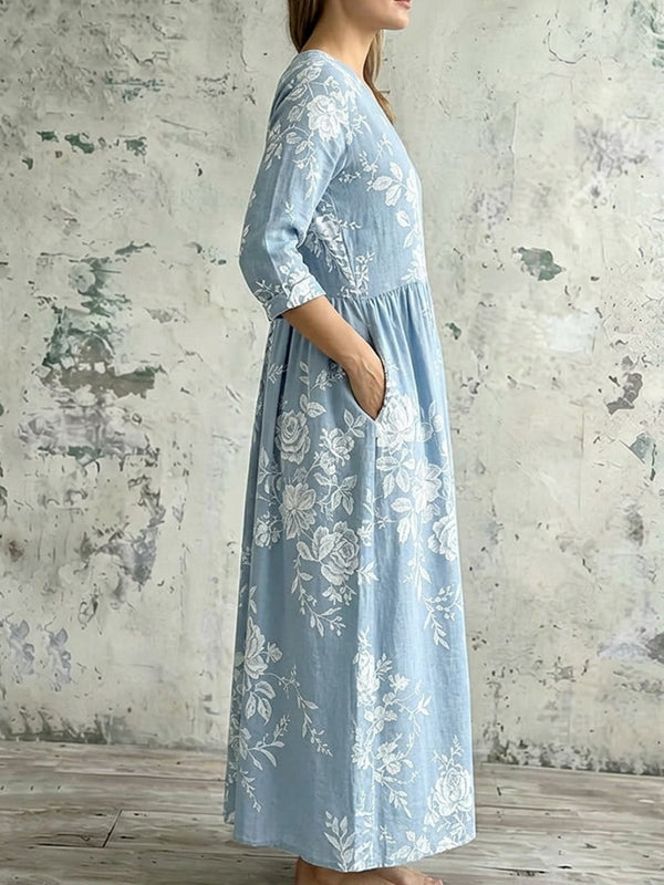 Vintage Floral Art Casual Linen Maxi Dress