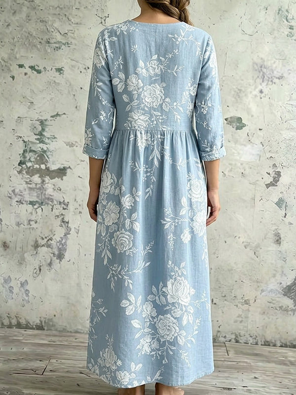 Vintage Floral Art Casual Linen Maxi Dress