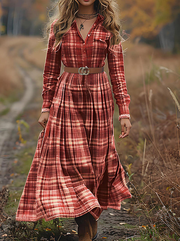Vintage Checkered V-Neck Long-Sleeve Dress