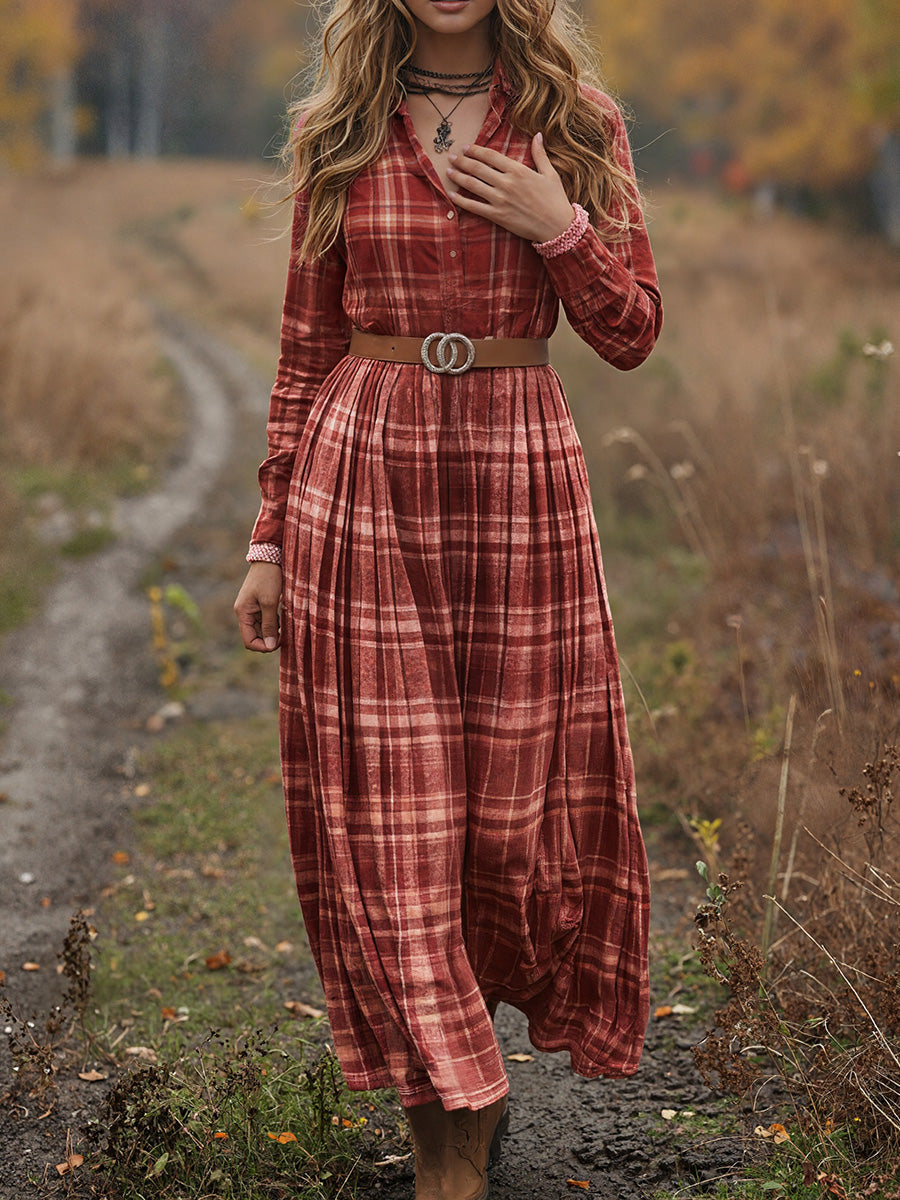 Vintage Checkered V-Neck Long-Sleeve Dress