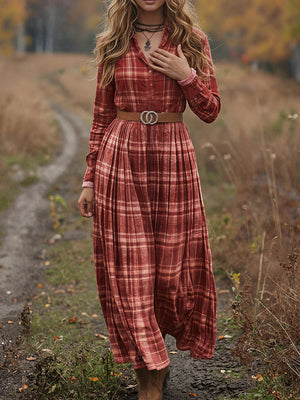 Vintage Checkered V-Neck Long-Sleeve Dress