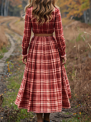 Vintage Checkered V-Neck Long-Sleeve Dress