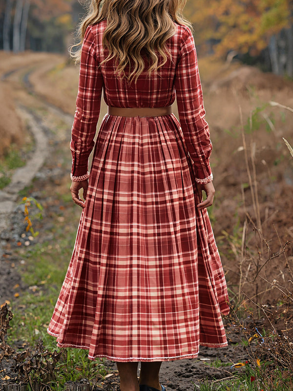 Vintage Checkered V-Neck Long-Sleeve Dress