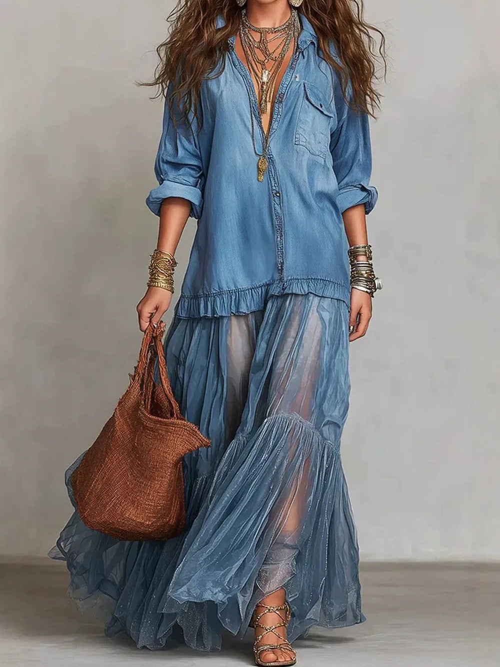 Vintage Denim-Inspired Lapel Maxi Dress