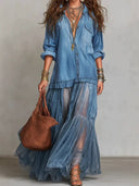 Vintage Denim-Inspired Lapel Maxi Dress