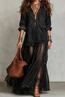 Vintage Denim-Inspired Lapel Maxi Dress