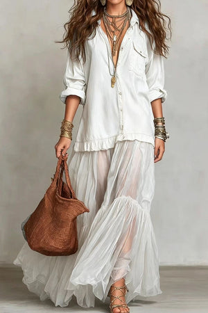 Vintage Denim-Inspired Lapel Maxi Dress