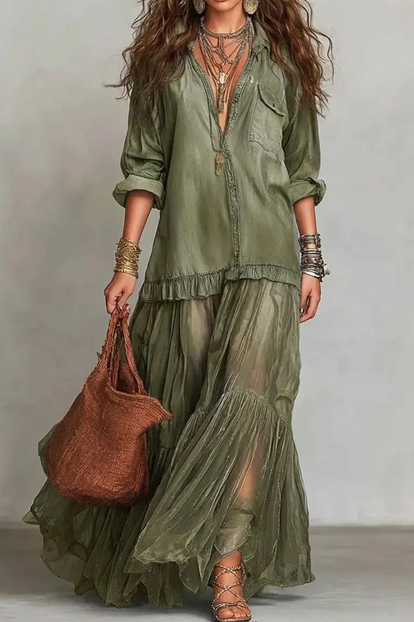 Vintage Denim-Inspired Lapel Maxi Dress