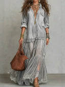 Vintage Denim-Inspired Lapel Maxi Dress