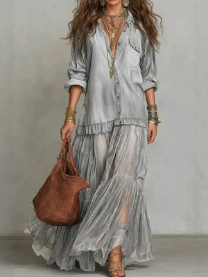 Vintage Denim-Inspired Lapel Maxi Dress