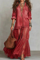 Vintage Denim-Inspired Lapel Maxi Dress