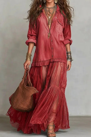 Vintage Denim-Inspired Lapel Maxi Dress