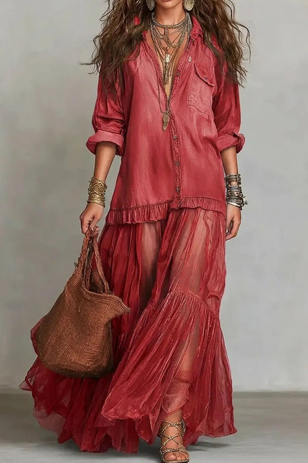 Vintage Denim-Inspired Lapel Maxi Dress