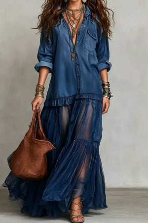 Vintage Denim-Inspired Lapel Maxi Dress