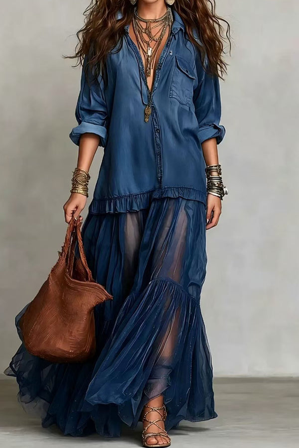 Vintage Denim-Inspired Lapel Maxi Dress