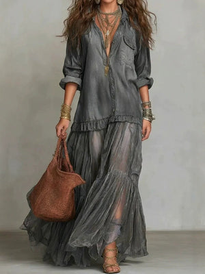 Vintage Denim-Inspired Lapel Maxi Dress