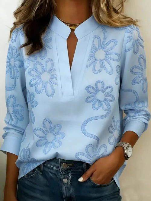 Vintage Floral Print V-Neck Long Sleeve Top