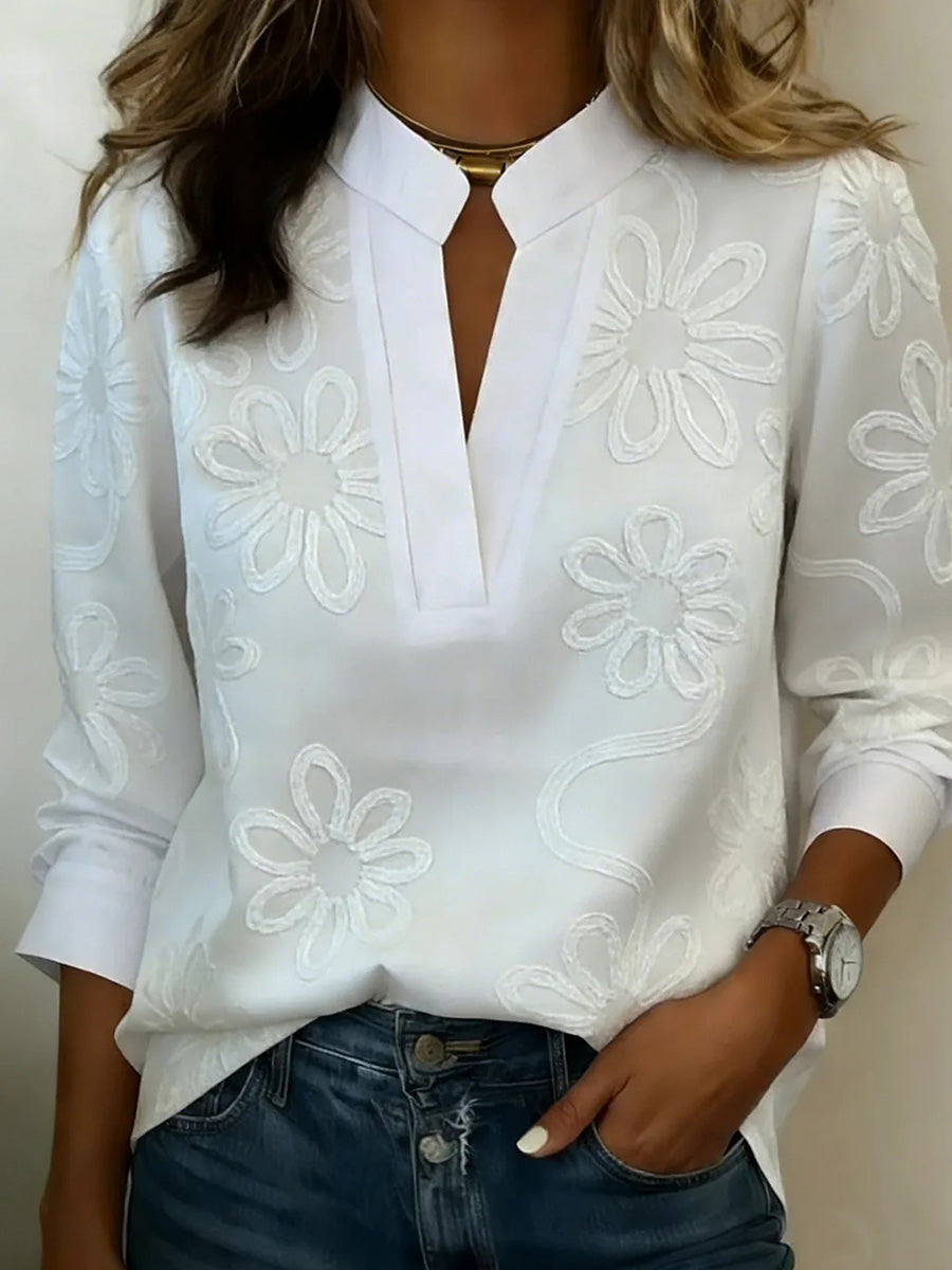 Vintage Floral Print V-Neck Long Sleeve Top