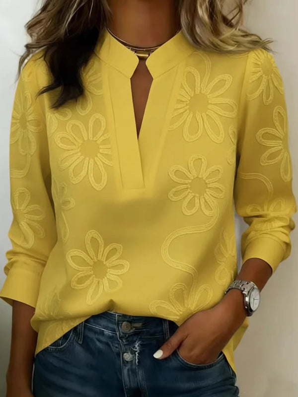 Vintage Floral Print V-Neck Long Sleeve Top