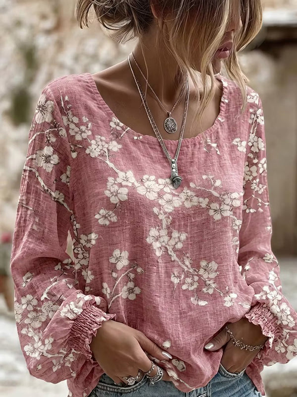 Vintage Flower Print Art Linen Top