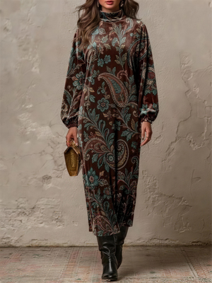 Vintage Paisley Print Velvet Maxi Dress