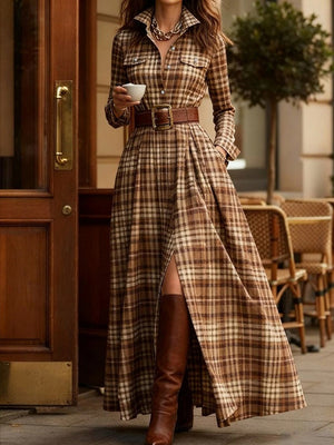 Vintage Plaid Flowing Maxi Dress