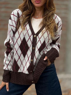 Vintage Plaid V Neck Knit Button Sweater