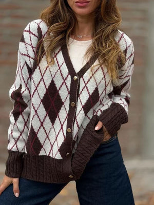 Vintage Plaid V Neck Knit Button Sweater