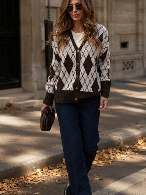 Vintage Plaid V Neck Knit Button Sweater