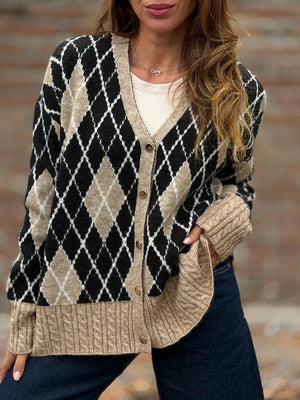 Vintage Plaid V Neck Knit Button Sweater