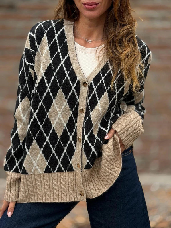 Vintage Plaid V Neck Knit Button Sweater