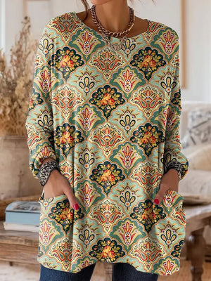 Vintage Pocket Crew Neck Long Sleeve Top