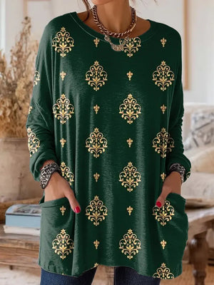 Vintage Pocket Crew Neck Long Sleeve Top