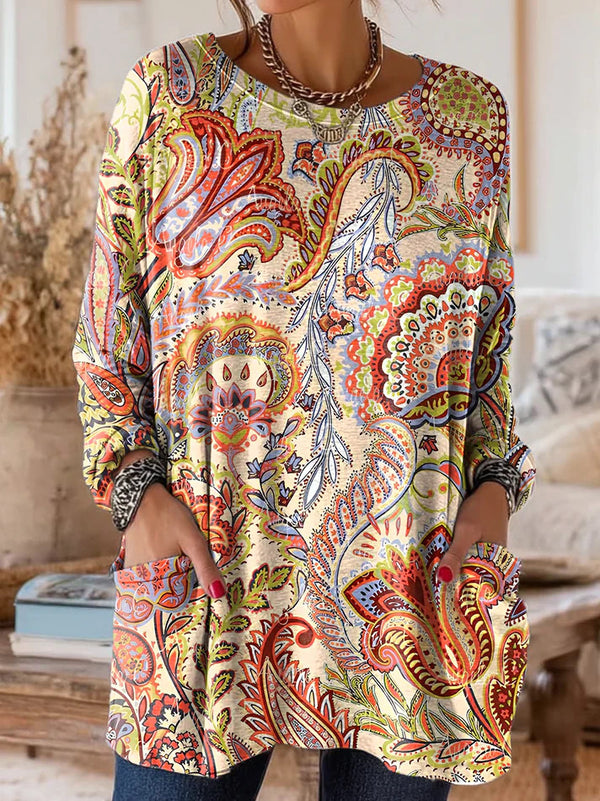 Vintage Pocket Crew Neck Long Sleeve Top