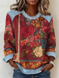 Vintage Print Denim Patchwork Long Sleeve Sweatshirt