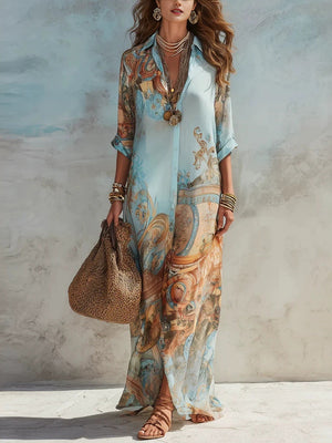 Vintage Print Lapel Collar Flowing Maxi Dress