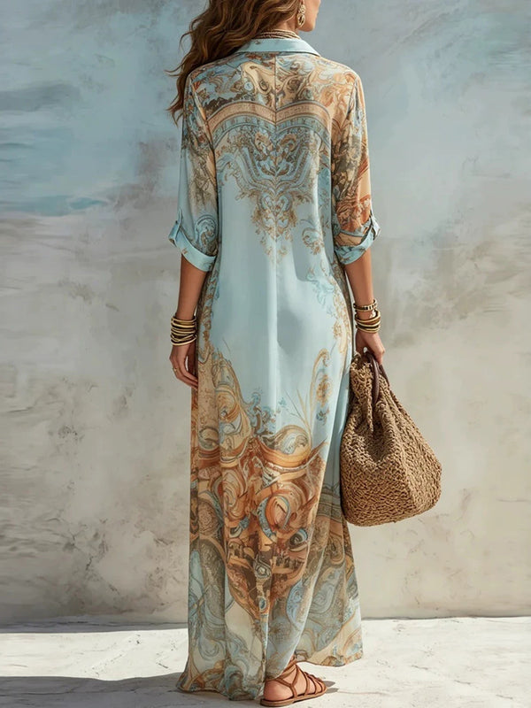 Vintage Print Lapel Collar Flowing Maxi Dress