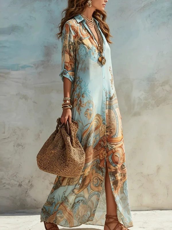 Vintage Print Lapel Collar Flowing Maxi Dress