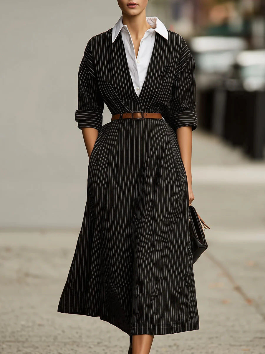 Vintage Striped Belted Maxi Dress