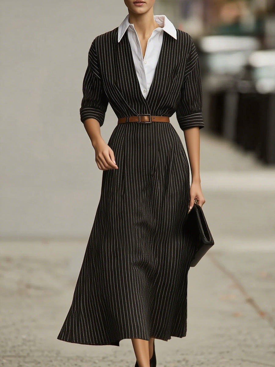 Vintage Striped Belted Maxi Dress